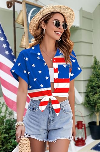 Image of Ithalt 4th of July Hawaiian Shirts Women American Flag Patriotic Short Sleeve Button Down Outfits Summer Vacation Tops