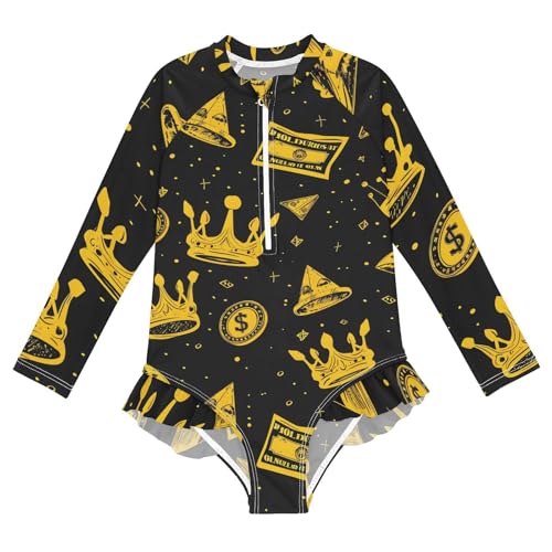 Girls One Piece Swimsuits Long Sleeve Swimsuit Zipper Bathing Suits Gold Ink Dollars Black