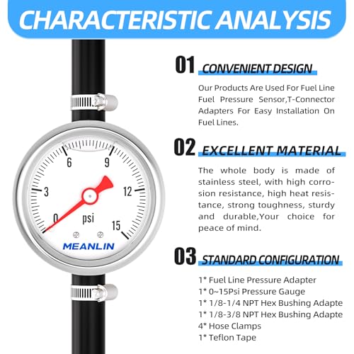 Image of MEANLIN MEASURE 0-15Psi Stainless Steel Glycerin Filled Pressure Gauge 1 /8 inch NPT 1.5 inch Face Dial, with 3 /8 inch Barb Pressure Adapter, 9-Piece Kit, Back Mount