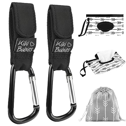 Image of Kiki Babies 2-Pack Stroller Hooks for Bags, Multifunctional Stroller Clip, Diaper Bag Hook, Heavy Duty Carabiner Hanger, Extra Large for Baby Accessories, Bonus Wipes Case & Bag