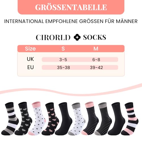 Cirorld Socken Damen 10 Paar，Bunte Baumwollsocken 39-42, Lange Strümpfe, Atmungsaktiv & Bequem, Winter Sportsocken, Streifen Punkte Muster Valentinstag-Geschenk für sie