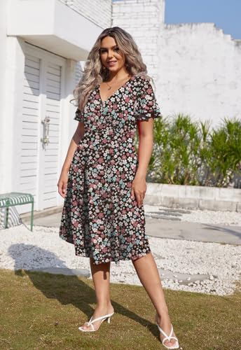 Image of Women's Plus Size Summer Dresses V Neck Ruffle Short Sleeve Casual Wrap A Line Midi Dress with Pockets