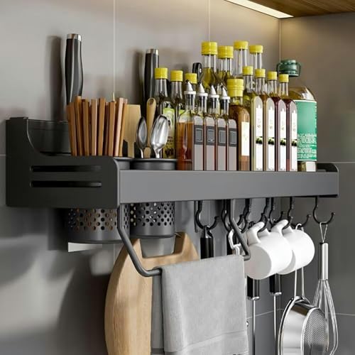 Gewürzregal/Küchenregale an der Wand befestigt, Gewürz-Gewürzgläser Regal, Küchenwand Utensilien-Aufbewahrungsregal Organizer Regal, Hängende Gewürzregale mit nagelfreiem Kleber und Schrauben (Schwarz