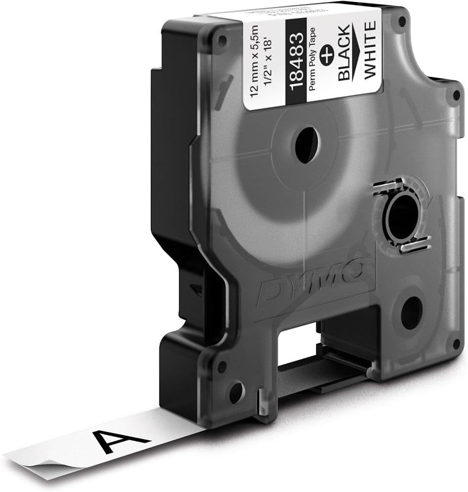 DYMO Rhino Industrial Permanent Polyester Labels 1/2" Black Print on White Tape