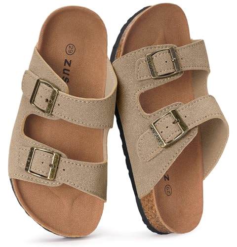 Image of ZUSERIS Kids Toddler Sandals Boys Girls Summer Slides | Soft Cork Footbed, Non-slip,Adjustable Straps,Comfort Suede Leather,Lightweight
