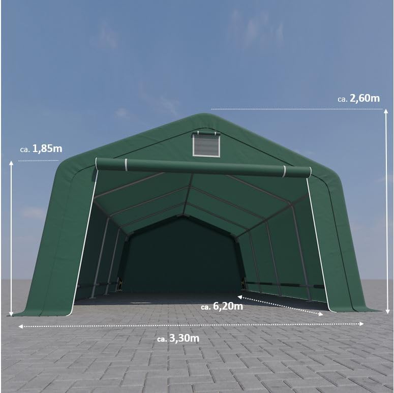 3,3 x 6,2 m Weidezelt Carport Zeltgarage Weideunterstand Gerätezelt mit PE-Plane 260g/m², wasserdichtes Zelt mit Stahlgestänge, grün