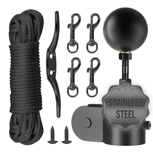 Flag Pole Repair Kit with Ball Topper for 1.6-2 Flag Poles Black Stainless Steel Hardware with Flagpole Cap 50FT Halyard Rope Replacement 4 Flag Pole Clips Cleat Hook & Mounting Screws