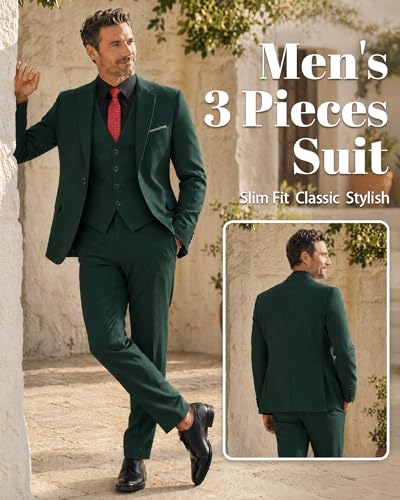 Image of MY'S Men's 3 Piece Suit Set with Tie, One Button Slim Fit Solid Jacket Vest Pants, Prom Party Wedding Business Suits for Men