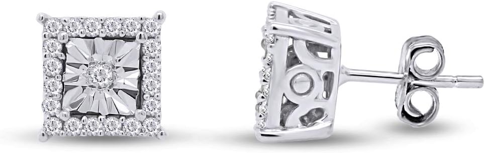 1/4 Carat (Cttw) Natural Diamond Push Back Square Frame Halo Cluster Miracle-Set Stud Earrings For Womens In 14k Gold Plated 925 Sterling Silver (I2-I3 Clarity, 0.25 Cttw)