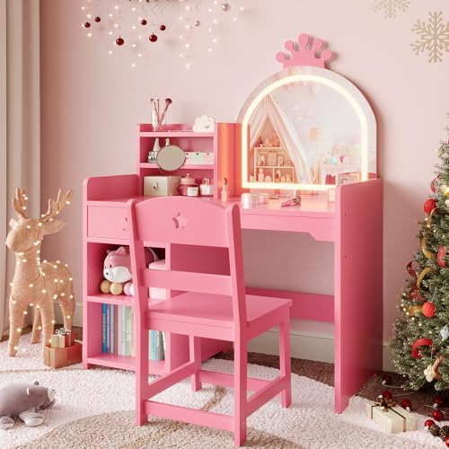 Garvee Kids Vanity with Lights, 2 in 1 Princess Makeup Vanity Desk Toddler Vanity Table & Chair Set with Open Bookshelf, Storage Cabinet & Shelves for Little Girls,Pink