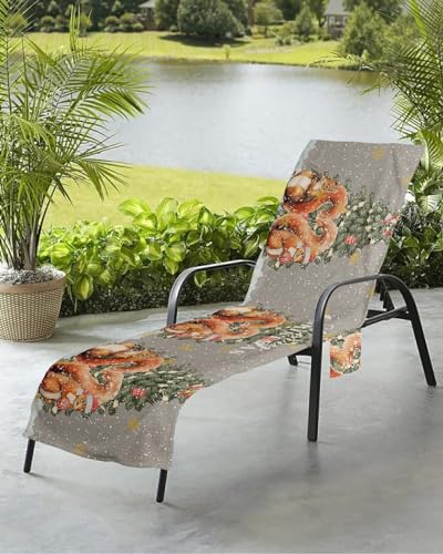 Christmas Beach Chair Towel Covers for Chaise Lounge with Side Pocket, Soft Plush Pool Towels Cover for Patio Sunbathing Outdoor 29''x85'' Love Squirrel Winter Gold Snowflake