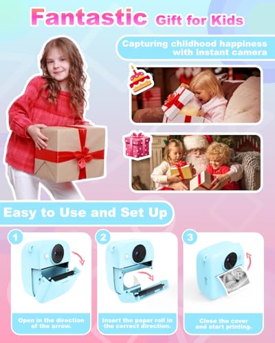 NUOTUN Sofortbildkamera Kinder, Kinder Kamera mit Fotos drucken, 2,0 Zoll HD Bildschirm, 8X Zoom, 1080P Digitalkamera mit Druckpapier & Karte, Kinderkamera Geschenk mädchen & Junge 3-12 Jahre (Blau)