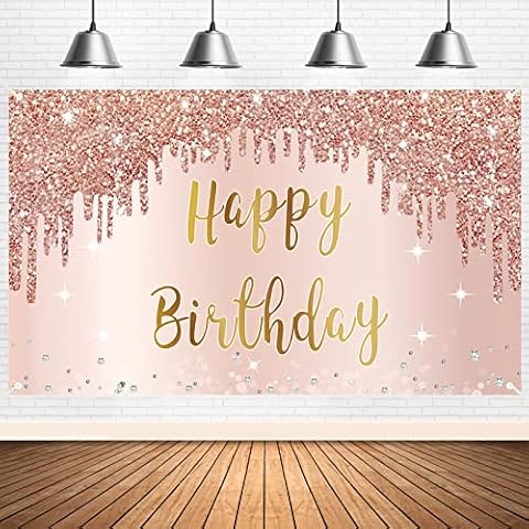 Rose Gold Happy Birthday Banner Backdrop Decorations for Girls Women, Pink Happy Birthday Theme Party Sign Supplies, Large 16th 21st 30th 40th 50th Birthday Poster Background Photo Booth Props Decor Cover