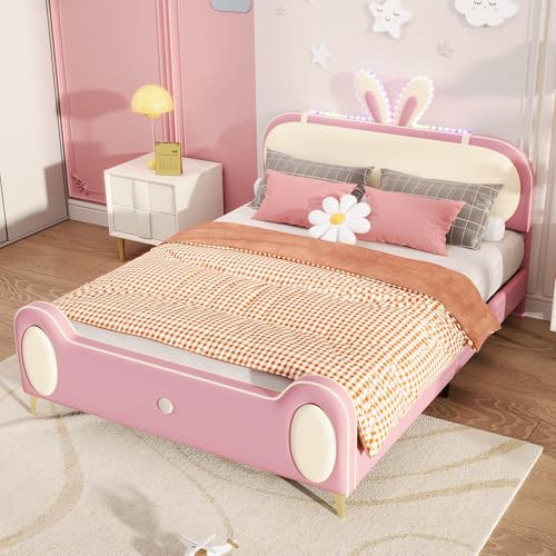 Pawom - Cama acolchada (140 x 200 cm, con tiras luminosas LED, cabecera de conejo, estructura de madera maciza y tubo de hierro, rosa + beige, MDF y piel sintética, cama doble