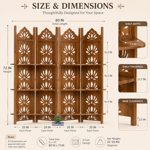 Image of Wooden Room Divider Partition with Display Shelves for Living Room | Foldable 4 Panel Decorative Privacy Screen Separator for Home, Office & Bedroom | (Natural with Shelves)