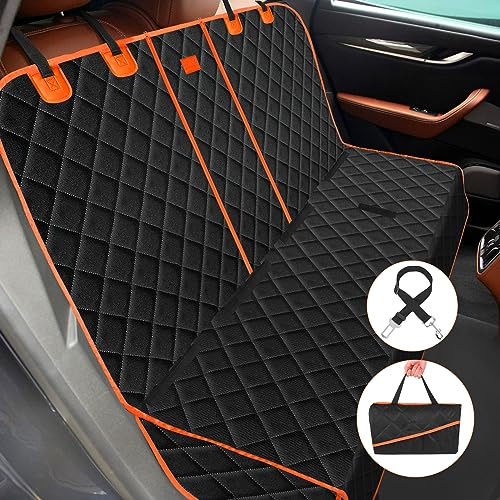 Pecute Funda para Coche Perro Funda de Asiento de Coche， Protector Perros Asiento Trasero Impermeable y Resistente，Cubierta Asiento Coche Mascotas Perros Accesorios(135cm, Negro con Ribete Naranja)