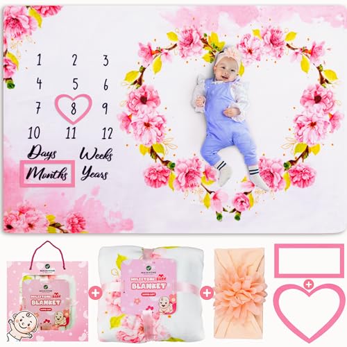 Image of Milestone Blanket for Baby Girls - Very Soft, Light Weight with Heart Frame, Rectangle Marker, Headband Free - Machine Washable - Baby Growth Chart Blanket Pink