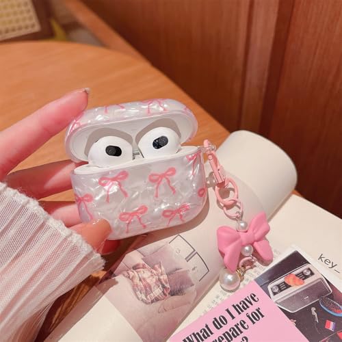 Image of MINSCOSE for Cute Glitter AirPods 4 Case,Shell Pattern Bow Ribbon Trendy Design with Bowknot Pearl Keychain,Protective Shockproof Cover for Apple Airpods iPod 4th Generation for Women Girl-Pink