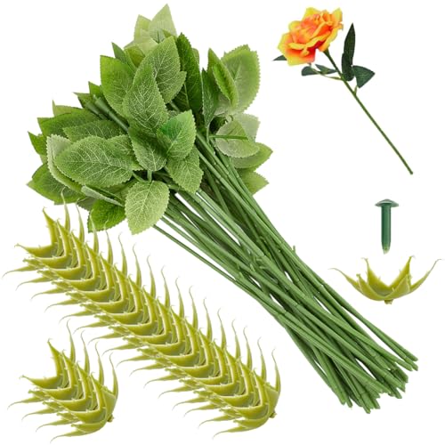 GORGECRAFT 30Stk Blumendrahtstiel Mit Blättern 30Stk Künstliche Blumenkelche Set Aus Kunststoff Blumendraht Kelchblätter Werkzeuge Zur Herstellung von Rosenarrangements Floristenbedarf Hochzeit DIY