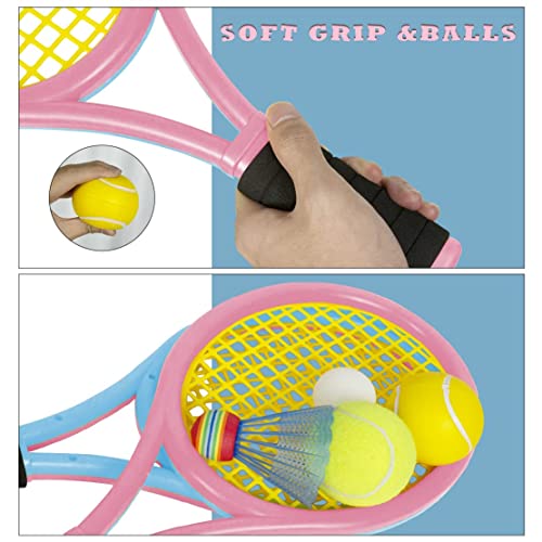 Kids Tennis Rackets With Carrying Bag,Soft Training Balls And Badminton Birdies,12 In 1 Tennis Racquets Gift Set For Children Outdoor Indoor Sports (Blue+Pink,Plastic,17Inch) #TOP1