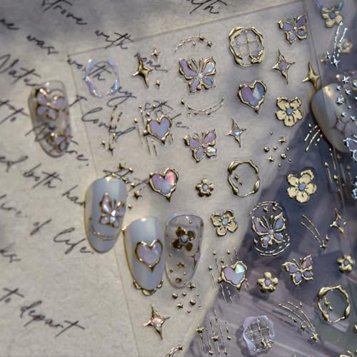 Image of Gold Nail Stickers Decals Flower Nail Art Stickers Butterfly Nail Decals 5D Embossed with Design Self Adhesive Nails Charms for Women Girls Kid Manicure DIY Decoration Accessories