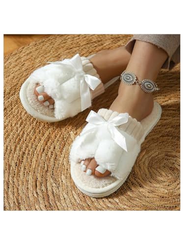 OYOANGLE Women's Bowknot Color Block Fuzzy Slippers Furry Open Toe House Shoes Indoor Slides Slippers3