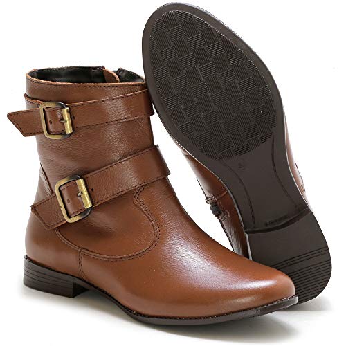 Bota Feminina Couro Cano Médio Fivela Dupla (34, Marrom)