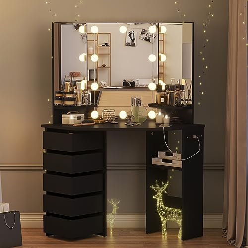 HOME BI Vanity Desk with Mirror and Lights LED Lighting 3large HD Mirrors Makeup Corner Vanity Table with Drawers and Power Outlet, Bedroom Vanity (Left Swivel Drawer, Modern Black)