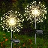 Solar Garden Lights Outdoor, 2 Pack 120 LED Twinkling Firework Lights Decorative with 2 Modes, Outdoor Waterproof Solar Starburst Light for Outside Yard Pathway Garden Decor, Warm White