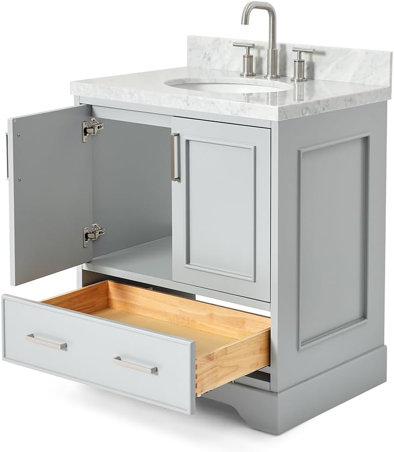 ARIEL Stafford 31 Inch Bathroom Vanity with Sink, Grey Bathroom Vanity, Solid Wood Vanity Base Cabinet, Carrara Marble 1.5-Inch Edge Top, Oval Undermount Sink, 2 Soft Closing Doors, 1 Drawer