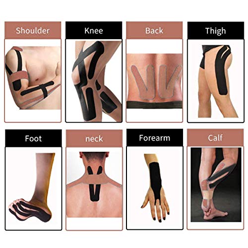 Refun Kinesiology Tape Precut (4 Rolls Pack), Elastic Therapeutic Sports Tape For Knee Shoulder And Elbow, Pain Relief, Waterproof, Latex Free, 2" X 16.5 Feet Per Roll, 20 Precut 10 Inch Strips #TOP3