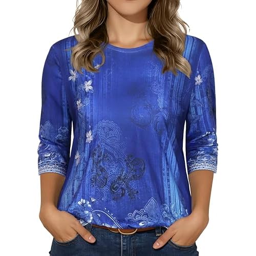 3/4 Sleeve Tops for Women Basic Crew Neck Spring Blouses Casual Fit Fall T Shirts
