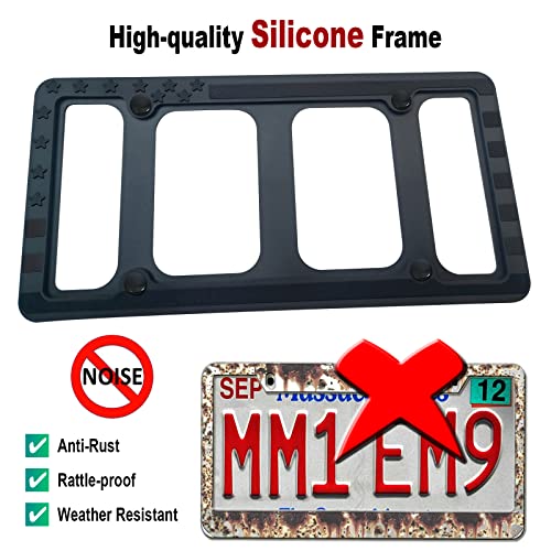 Zxfoog American Flag License Plate Frames Silicone- Usa Patriotic Stars And Stripes Flag On Black Tag Holder Cover For Car Truck Trailer, 2 Pack With Front Rear Mount Screws Caps, Thin Line Decals #TOP1