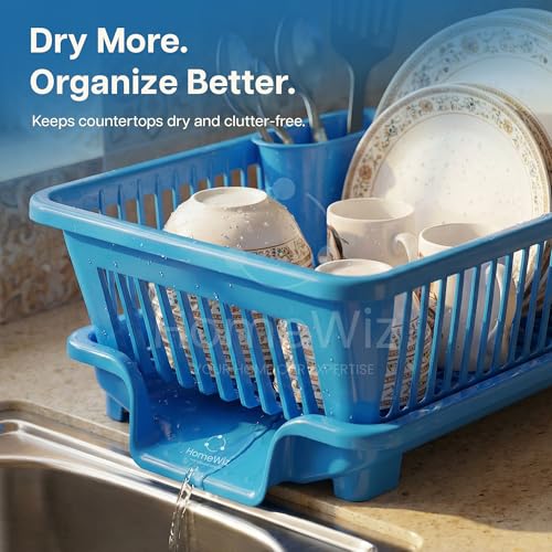 Image of HomeWiz Plastic Dish Drying Rack | Rust-Free Utensil Rack with Built-in Drainage | 50 KG + Weight Capacity | Kitchen Rack with Cutlery Holder | BPA-Free Food Grade Plastic | 43x30x20 cm | Blue