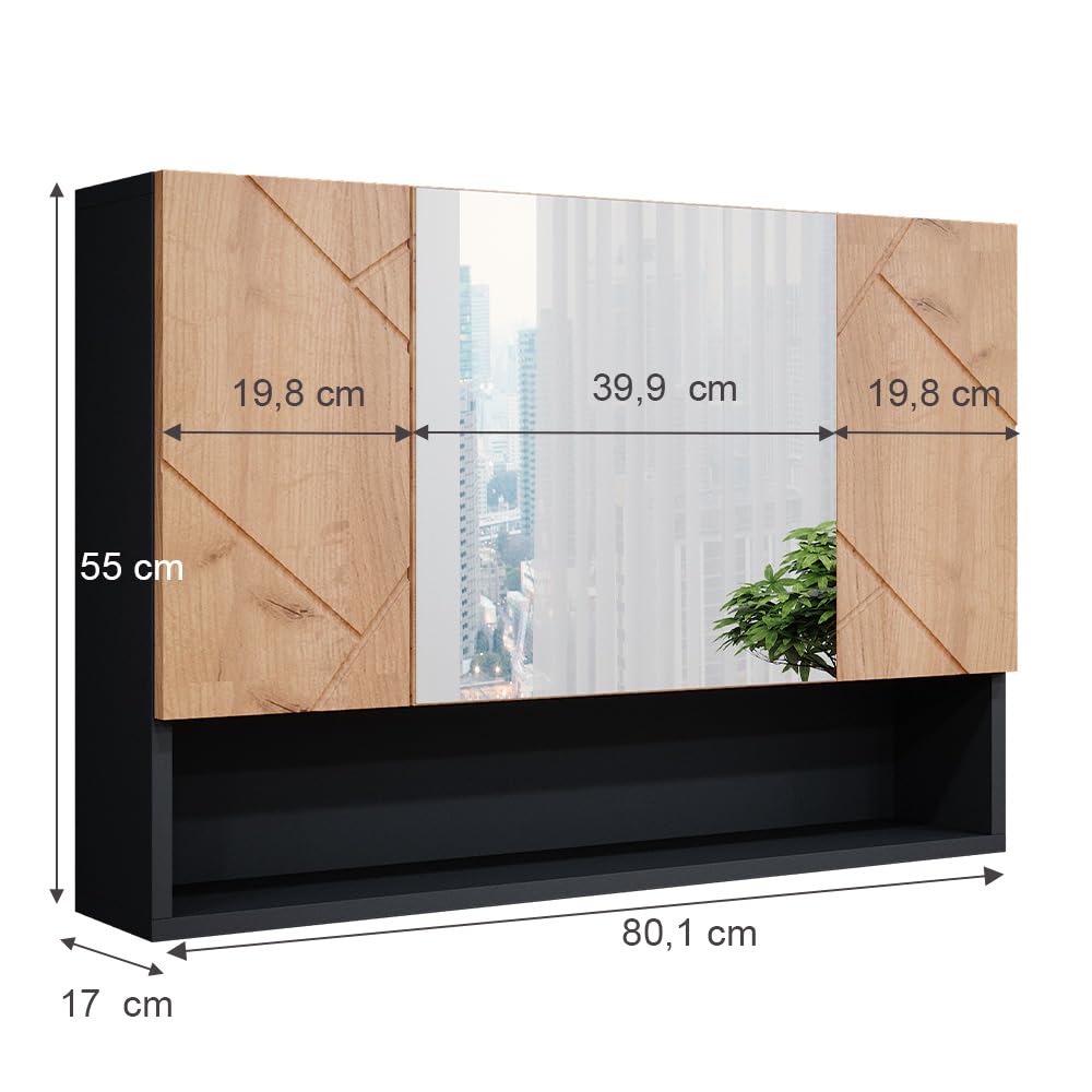 Vicco Specchio contenitore bagno Irma Rovere dorato/antracite 80.1x55 cm | con specchio e ripiani aperti per montaggio a parete