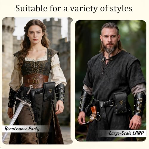 Image of Renaissance Belt Pouch Medieval Viking Leather Bracers Set for LARP