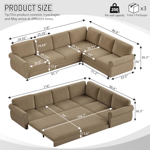 Image of KCGKCG 118 inch Sleeper Sofa Bed, Sectional Couches for Living Room /Apartment, Chenille L Shaped Couch with Pull Out Couch Bed, Convertible Sectional Sofa with Rolled Arm & Nailhead Trim, Camel