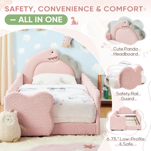 Image of Twin Size Kids Floor Bed Frame, Upholstered Montessori Platform Bed Cute Dinosaur-Shaped Daybed Frame for Girls Boys, No Box Spring Required, Pink