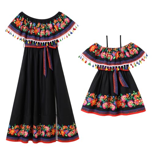 AWIBMK Mommy and Me Matching Floral Ruffle Mexican Dress Off-Shoulder Belted Cinco De Mayo Fiesta Mom Daughter Outfits2