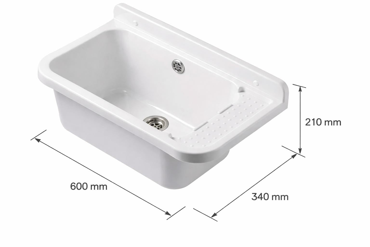 Évier mural/poste d’eau utilitaire 60 cm en polypropylène blanc – Bonde inox + trop-plein – Cuve 45x25x21 cm – Intérieur/extérieur
