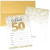 White and Gold 50th Birthday Party Invitations - 10 Cards with Envelopes