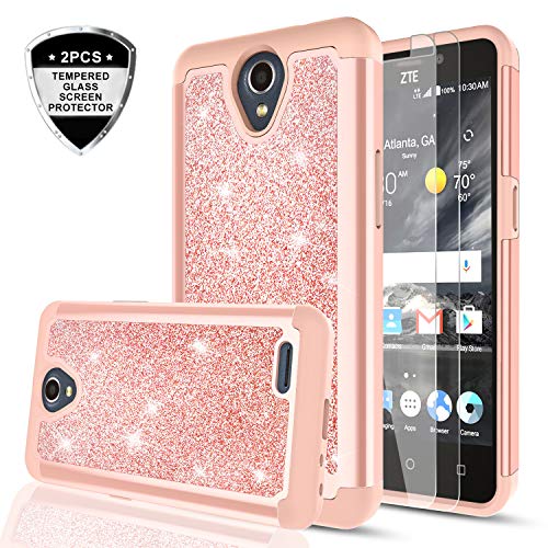 LeYi for ZTE Prestige 2/ Maven 3/ Overture 3/ Prelude Plus Case with [2 Pack] Tempered Glass Screen Protector for Girls Women,Glitter Dual Layer Phone Case for ZTE N9136 Rose Gold