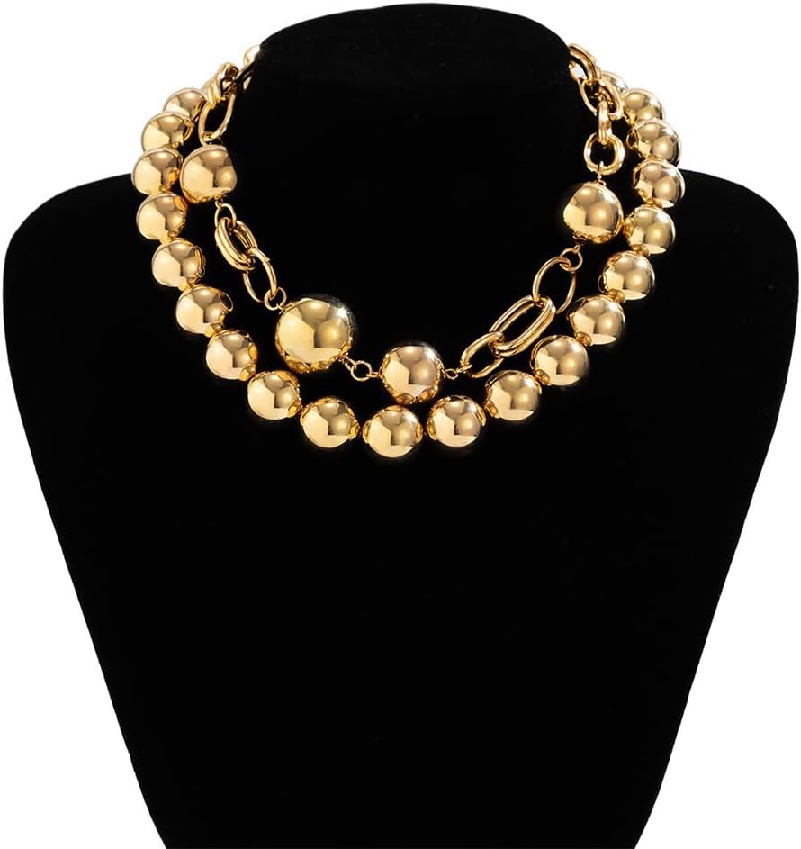 Chunky Gold Big Balls Chain Collar Necklace for Women Vintage White Pearl Layered Exaggerated Necklaces Vintage Thick Round Balls Beaded Large Jewelry - Image 9