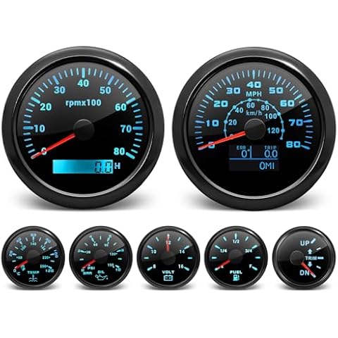 ARTILAURA 7 Gauge Set-GPS Speedometer, Tachometer, Oil Pressure Gauge, Fuel Gauge, Water Temperature, Trim, Voltmeter 7 Color Boat Gauges Set AUTO Marine Gauge Kit (All Black) Cover