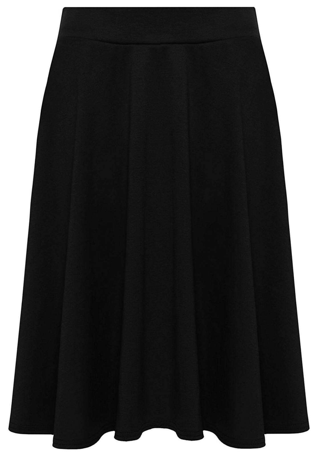 Girlzwalk Women's Black Plain Soft Stretch Elasticated Waistband Knee Length Full Fla Swing Skater Midi Skirt (, Uk - 18)
