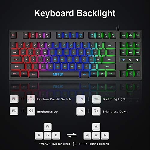 MFTEK RGB Rainbow Gaming Keyboard and Mouse Combo, Compact 87 Keys Backlit Computer Keyboard with Gaming Mouse, USB Wired Set for PC Gamer Laptop Work