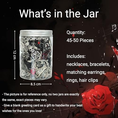 45-50 pcs Mystery Jewelry Jar, Surprise Gothic Jewelry Set for Woman, includes Gothic Punk Witch Necklaces, Earrings, Rings, Bracelets and Hair Clips, Unique Goth Jewelry Box Gift for Her2