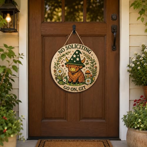 Image of No Soliciting Sign for House | Rustic Round Wood Wreaths Hanging Sign for Front Door - Cute Highland Cow Witch Hat Front Porch Garland Decor for Door Wall Room Porch Kitchen