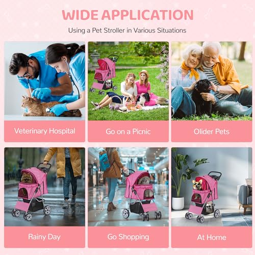 Image of ZENY Foldable Pet Stroller, Cat /Dog Stroller with 4 Wheel, Pet Travel Carrier Strolling Cart with Storage Basket, Cup Holder (Pink)