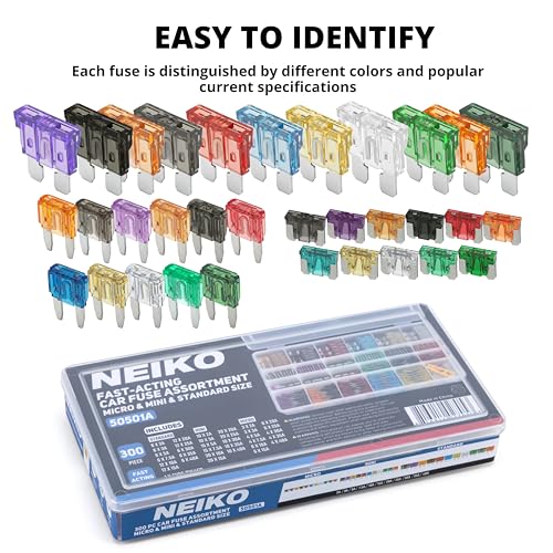 Image of NEIKO 50501A Car Fuse Master Assortment Set, 300pc, Fast Acting, Auto Fuses Kit, Standard, Micro & Mini Sizes, 2A, 3A, 5A, 10A, 15A, 20A, 30A, 35A & 40 Amp, Marine Boat, Automotive, RV, Car Fuse Kit